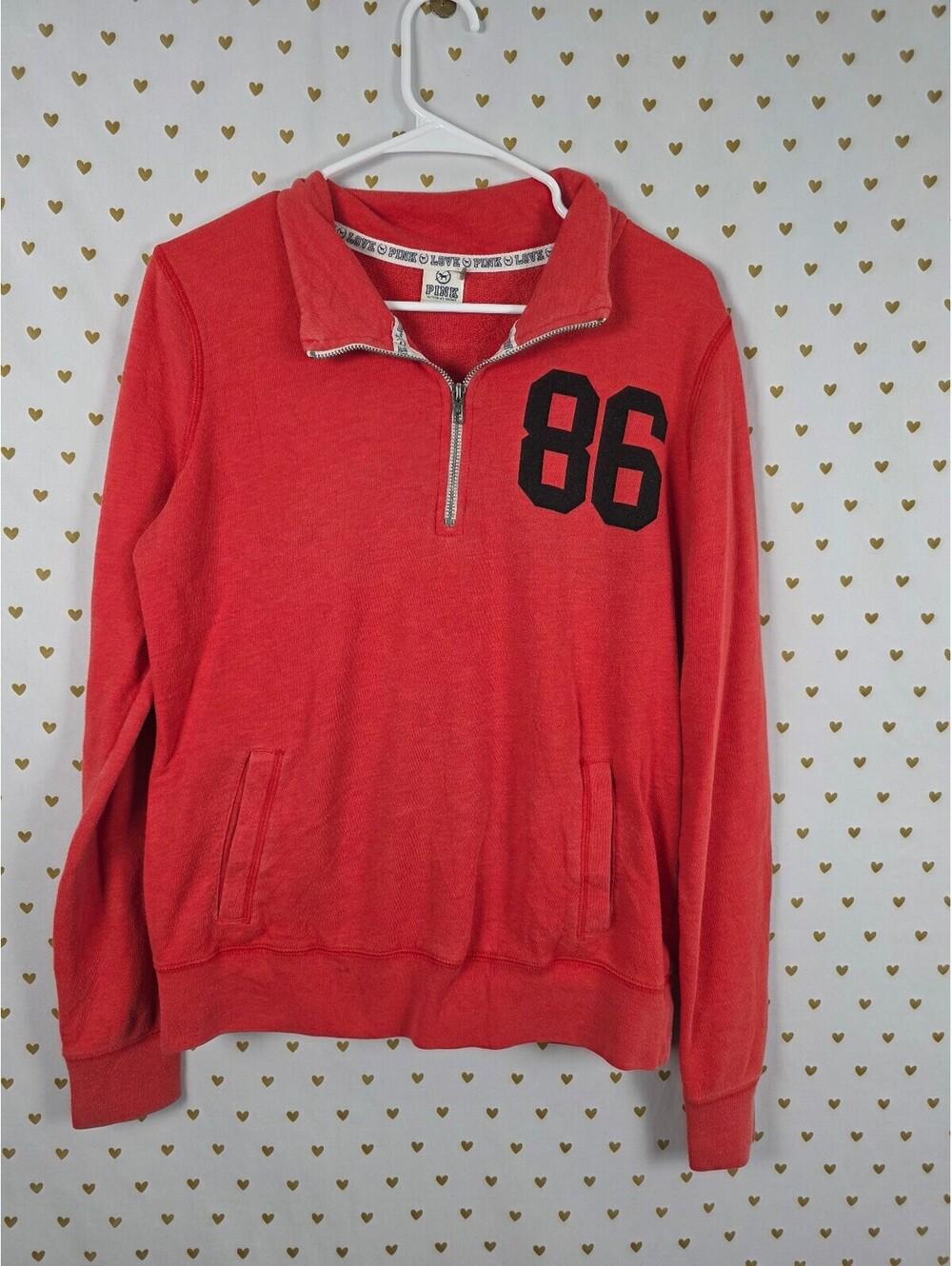 Victorias Secret Pink 86 Quarter Zip VINTAGE y2k Love Logo Sweater Shirt Red Med